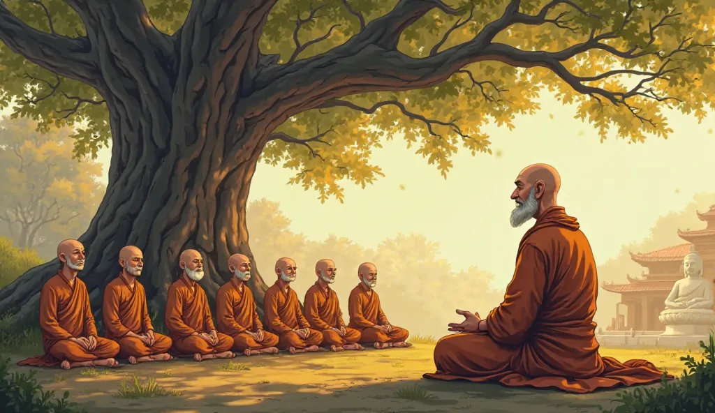 An old, wise Buddhist monk with a bald head and a serene expression sits cross-legged under a large ancient tree, guiding his middle-aged disciples in meditation. He wears traditional saffron robes, and his weathered face reflects wisdom and inner peace. T...