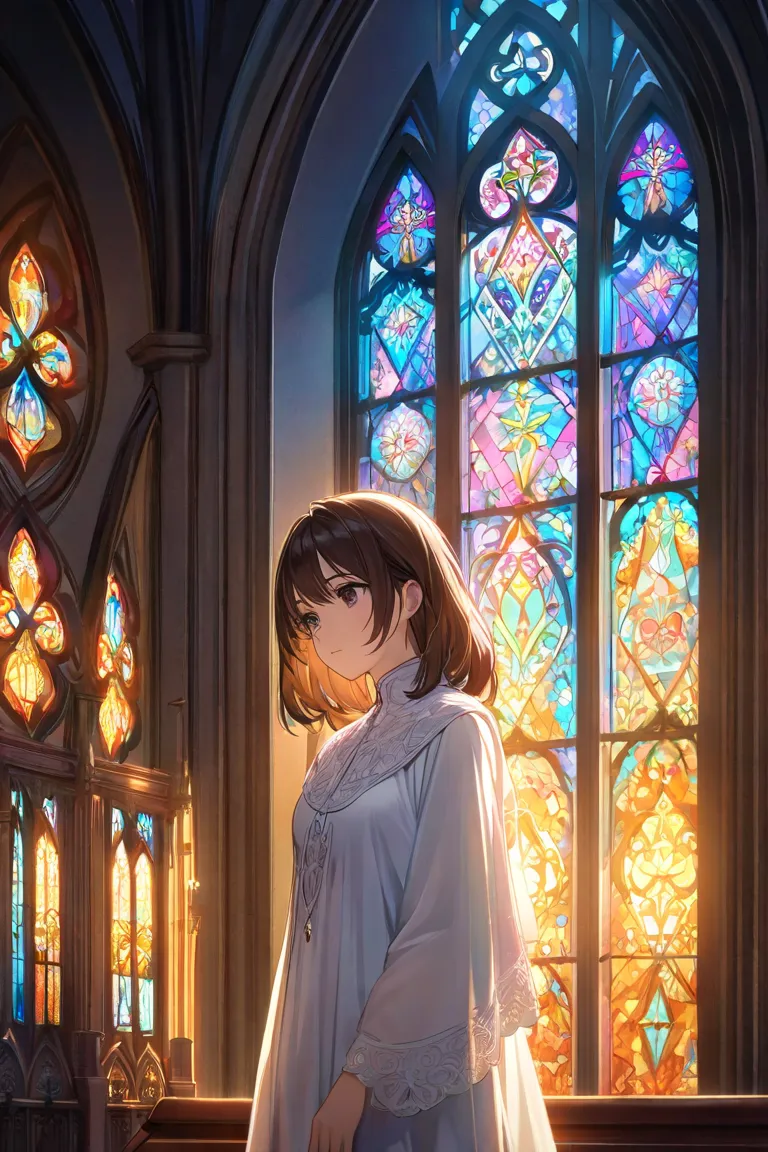 Stained glass windows， brunette with dark eyes， girl