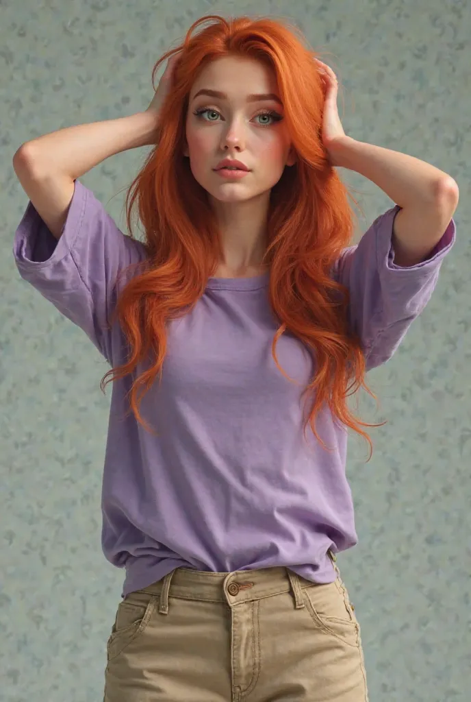 She must be a realistic woman with white skin and green eyes, she must have long wavy dark orange red hair and she must wear a lavender t-shirt with long sleeves and loose beige cargo pants, she must have her hands on her head. 