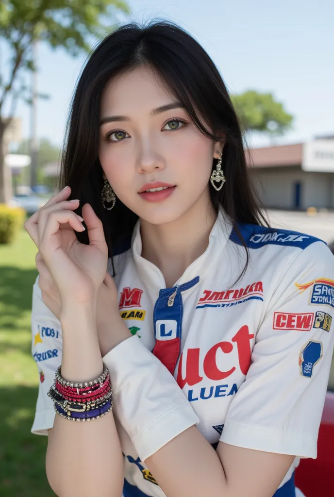  Picture of a beautiful Colombian dark-haired woman with white skin and hair.  She has green eyes and is wearing a racing girl costume. .   She has several earrings and bracelets . .  The background is outdoors  .  full body shot