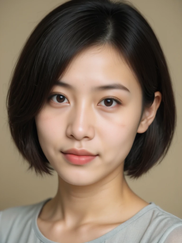 A hyperrealistic portrait of a 23-year-old Thai-Singaporean woman named Mo, in a professional assistant role. She has a warm, intelligent, and confident expression. Her natural black short hair is neatly styled. She is wearing a light grey crepe blouse wit...