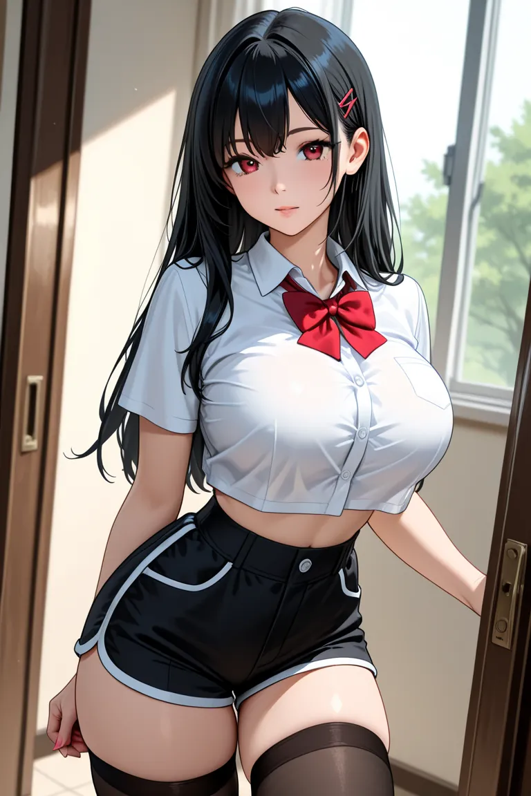 Anime girl with big breasts wears a school shirt with a cropped waist. Wear black stockings Wear lots of shorts.