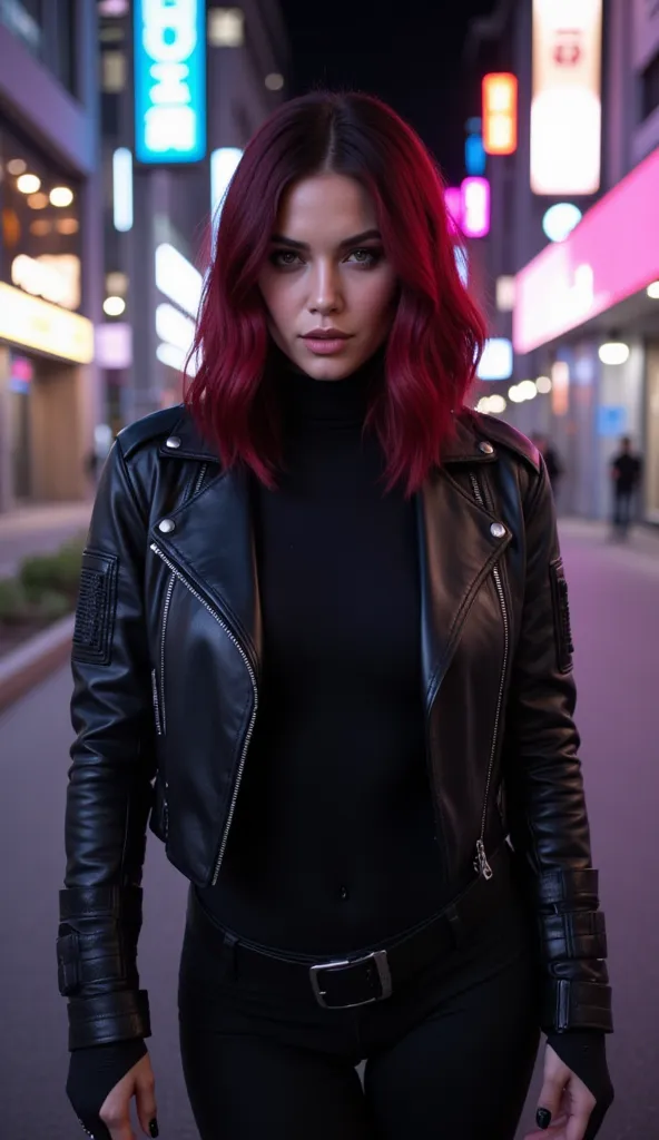 A close angle photo of Megan Fox with asymmetric mid-length dark crimson hair, wearing a black glossy latex combat bolero jacket, a black turtleneck spandex tight shirt, black glossy pvc fingerless gloves, black nails, standing at a futuristic street with ...