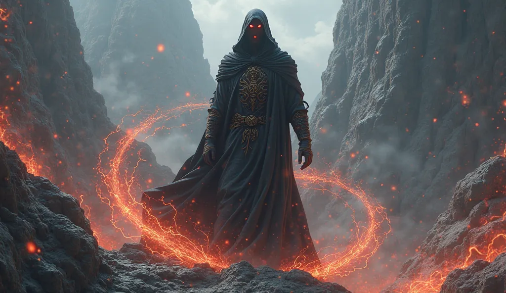 A powerful sorcerer with burning red eyes, draped in dark robes, standing on a rocky cliff, surrounded by magical energy.