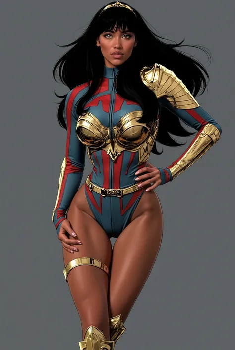 score_9, score_8_up, score_7_up, volumetric lighting, dynamic shading, 1girl, Yara Flor, dark skinned female, female is native Brazilian, blue leotard, knee high boots, amber eyes, tiara, tight clothing, golden chestplate armor, (cameltoe:.5),golden armban...
