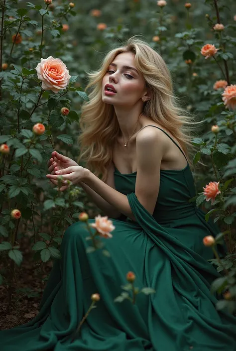 a woman with wonderful blonde hair, with perfect and super sexy spring makeup, holds beautiful flowers in her hands and licks them sensually; is dressed in a super elegant green long dress and is immersed in the nature of a beautiful lush and lush garden, ...