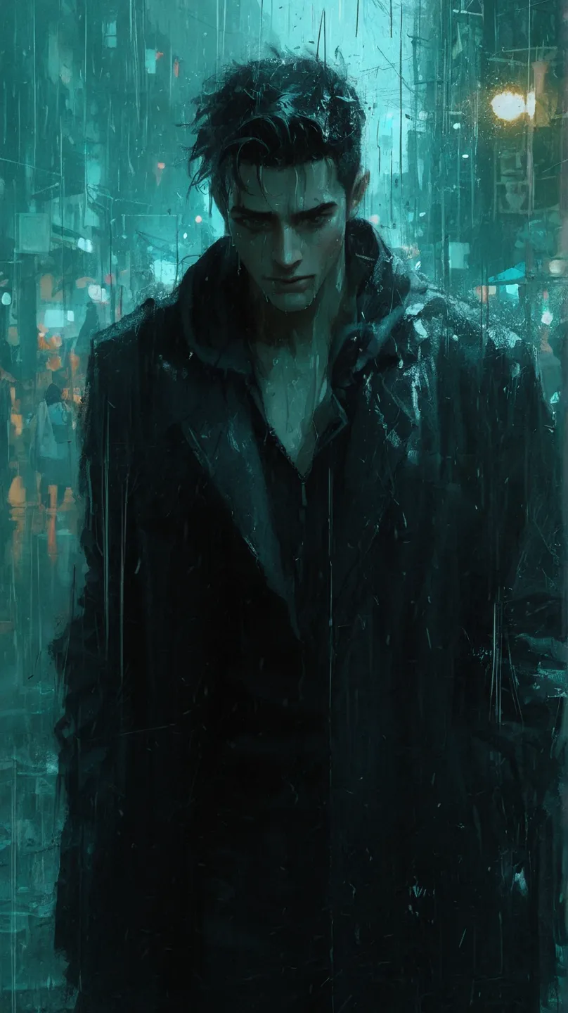 Man in the rain. Dark hair with white tips. 