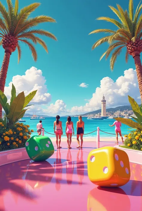 Generate me a background image for the Cannes Games Festival where we could see a group of 3 friends playing hihi tech games , Quite futuristic but with a fun Pluto DA ,  colorful  , pop , Like pink, green and yellow, and we would see giant colored dice ro...