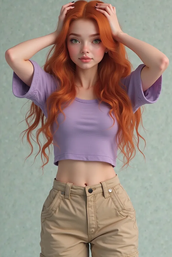 She must be a realistic woman with white skin and green eyes, must have long wavy dark orange red hair and wear a lavender cropped t-shirt with long sleeves and loose beige cargo pants, she must be with her hands on her head and floating.