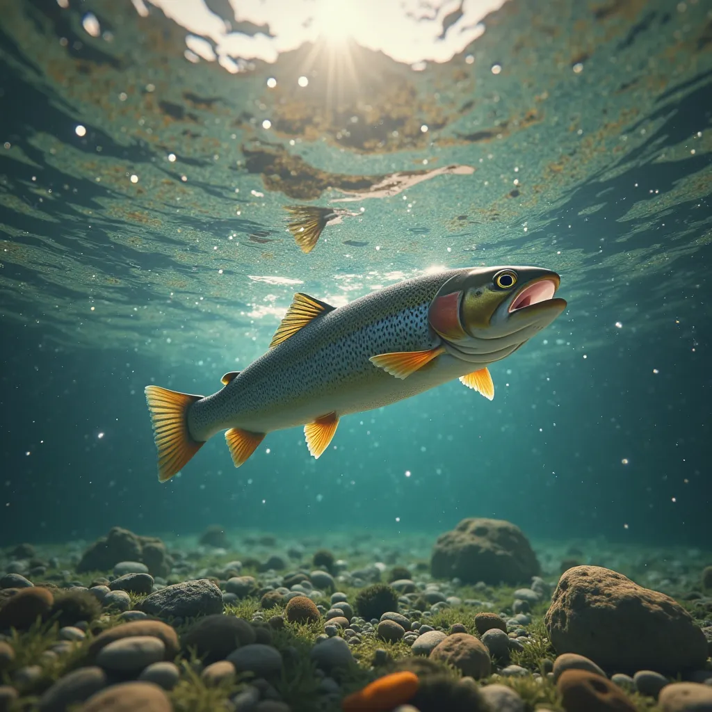 shallow river, perspective is underwater, close view on trout catching fly bait on the surface