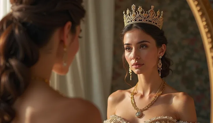 Create an ultra-realistic image of a 25-year-old queen, dressed luxuriously, with a queen's crown; gold necklaces and earrings, looking at herself in a mirror, wiping away tears from her eyes, blurring the background; use a Sony Alpha 7 camera with a Sony ...