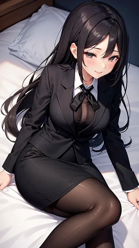 sexy older sister in a black business suit wearing a black tie　　 　　I'm wearing a black tie　black pencil skirt　Brown tights　A radiant smile　 high resolution　 high resolution　 sleeping on the bed