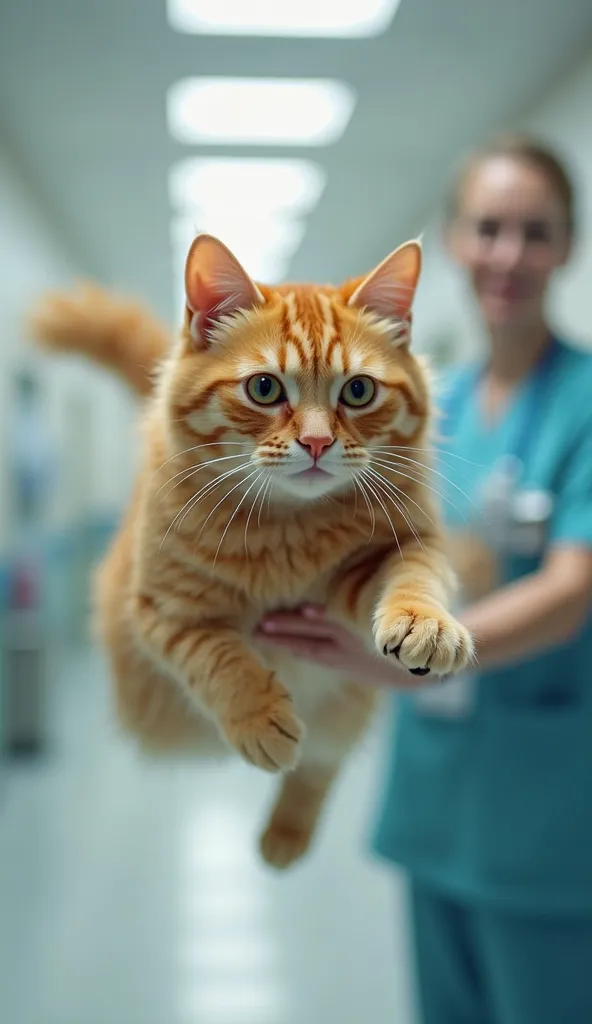 8K ultra-wide angle, bright, detailed, soft, photorealistic image. A very large orange cat escapes from a nurse's hand and flies through the air. The nurse looks surprised. There is a blurry hospital room in the background. The cat should look like it's mo...