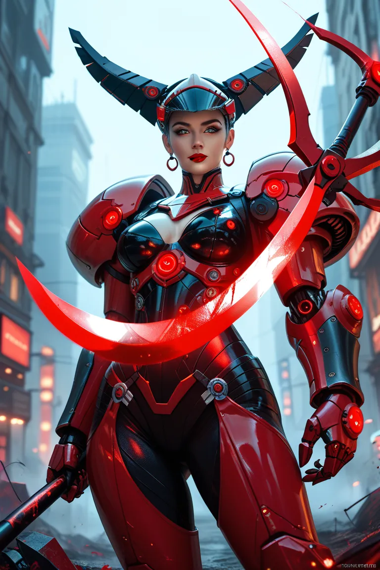 A deadly cybernetic femme fatale, her matte-black armor accentuated with glowing crimson circuits, prowls the neon-lit streets of a futuristic metropolis. Her body is engineered for speed and precision, with razor-sharp, retractable mechanical blades integ...