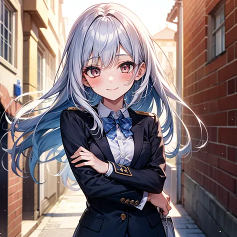 1 young girl, blue and white hair, gentle gaze, smile, blush, uniform with suit, white eyes, school background. 