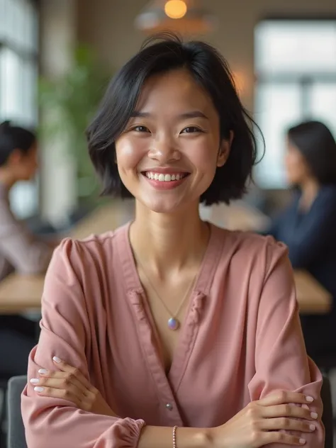 A hyperrealistic waist-up shot of Mo, a 23-year-old Thai-Singaporean woman, dressed for a collaborative meeting. She's sitting at a conference table, smiling warmly. She's wearing a soft, flowy, dusty rose blouse with a modest v-neckline and delicate drapi...