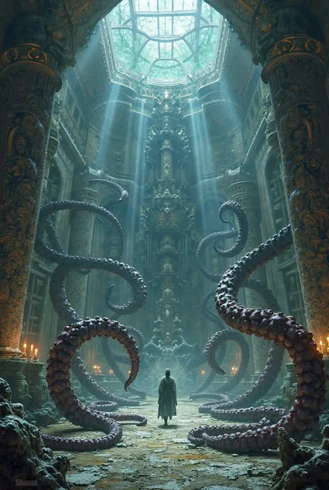 Create a huge temple room with、octopus tentacles