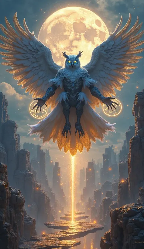 A majestic owl-human hybrid hovers above the ground, its feathered cloak billowing like enchanted robes, glowing faintly with ancient runes. Its piercing, cosmic-blue eyes shift, scanning the battlefield with wisdom beyond time. Large, mystical wings sprea...