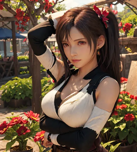 FF7 Remake Tifa Lockhart、8K wallpaper,((Dark red hair、left side ponytail)),((Cross your arms above your head to show your armpits)),1 girl, solo, Highest quality, ultra high definition, big breasts, beautiful pretty red eyes, earrings, ((Flower field backg...