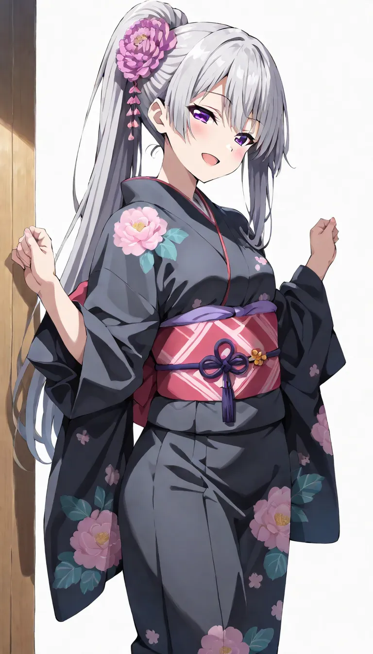   (masterpiece),8k,  (lovely), a girl, junior high school student, solo, (lovely), (deep charcoal gray hair, ponytail hairstyle, long ponytail at the back), a small purple peony hair accessory,   (beautiful purple eyes :1.2), Chic kimono with floral patter...