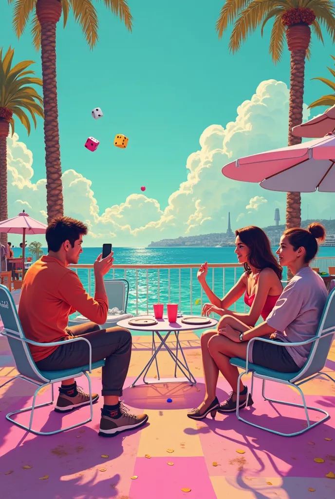 Generate me a background image for the Cannes Games Festival where we could see a group of 3 friends playing hihi tech games , Quite futuristic but with a fun Pluto DA ,  colorful  , pop , Like pink, green and yellow, and we would see giant colored dice ro...