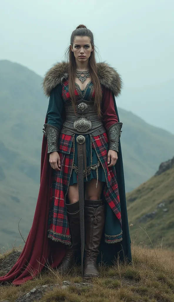 A Viking queen in a tartan outfit, her body strong and fierce, standing on a misty hilltop.
