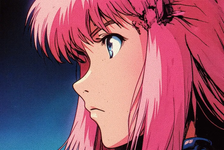 Create 90s retro anime-style image, close up of 1 girls face from the left side profile of her face looking at something in the distance, she has a curious intrigued look on her face. she has long pink hair, big blue eyes