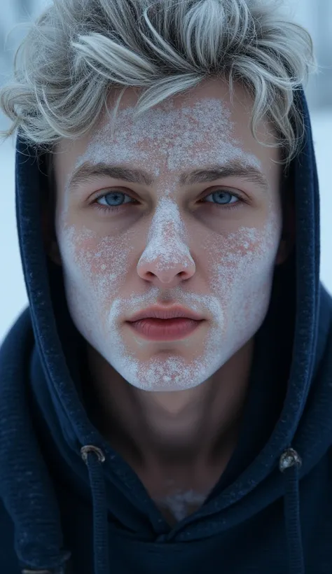 Close-up portrait of a MAN young adult, likely age, with light-skinned, possibly European or mixed ethnicity, with a serious and contemplative expression.  The subject's face is covered with a textured, white substance that resembles frost or snow.  Eyes a...