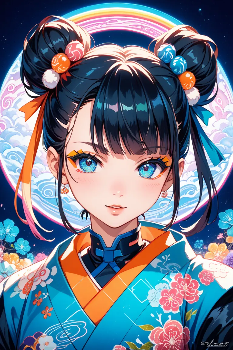 Anime-style portrait of a Japanese girl with black hair in buns, vibrant blue eyes, wearing ornate traditional kimono with modern elements, colorful hair accessories, geometric neon cyberpunk background with pink, orange, blue and green colors, digital art...