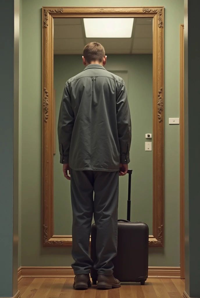 there is a man standing in front of a mirror with a suitcase, real life photo, real life image, real-life accurate, real life picture, real life, real-life, reallife, real life photograph, in real life, real life photography, very accurate photo, ike in re...