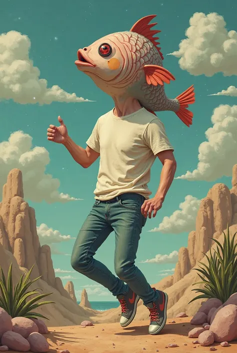 Make a tall bald man with a fish head and a t-shirt that wears a pelon flopper and who is dancing