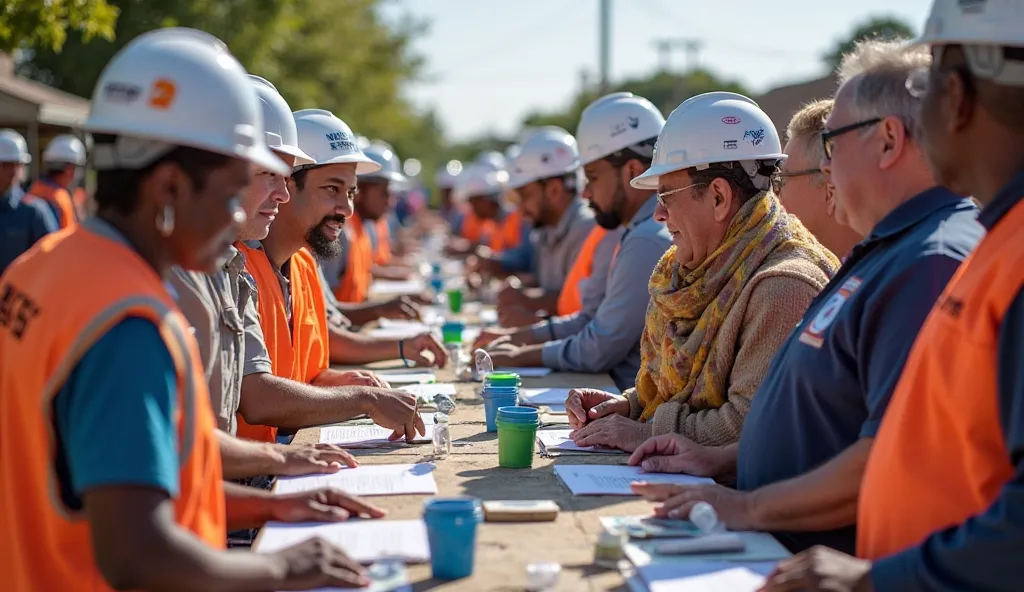 A community event sponsored by City Electric Supply, showing local residents and contractors engaging with CES representatives. The image should capture a lively atmosphere, showcasing CES’s role in community building