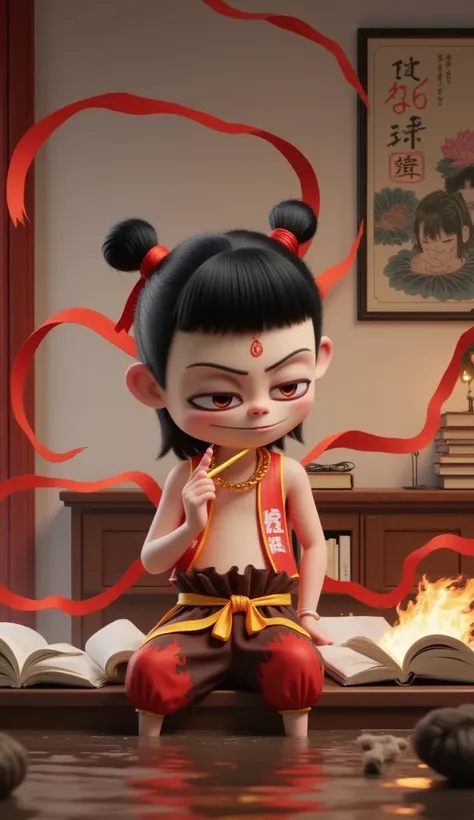 Cartoon-style Nezha wears a red belly bag and shorts，{x} The outline of the wind and flame sitting can be seen vaguely Writing in front of a desk in a Chinese-style room，Han-tian Aya casually rests on the back of the chair，。The warm desk lamp illuminates t...