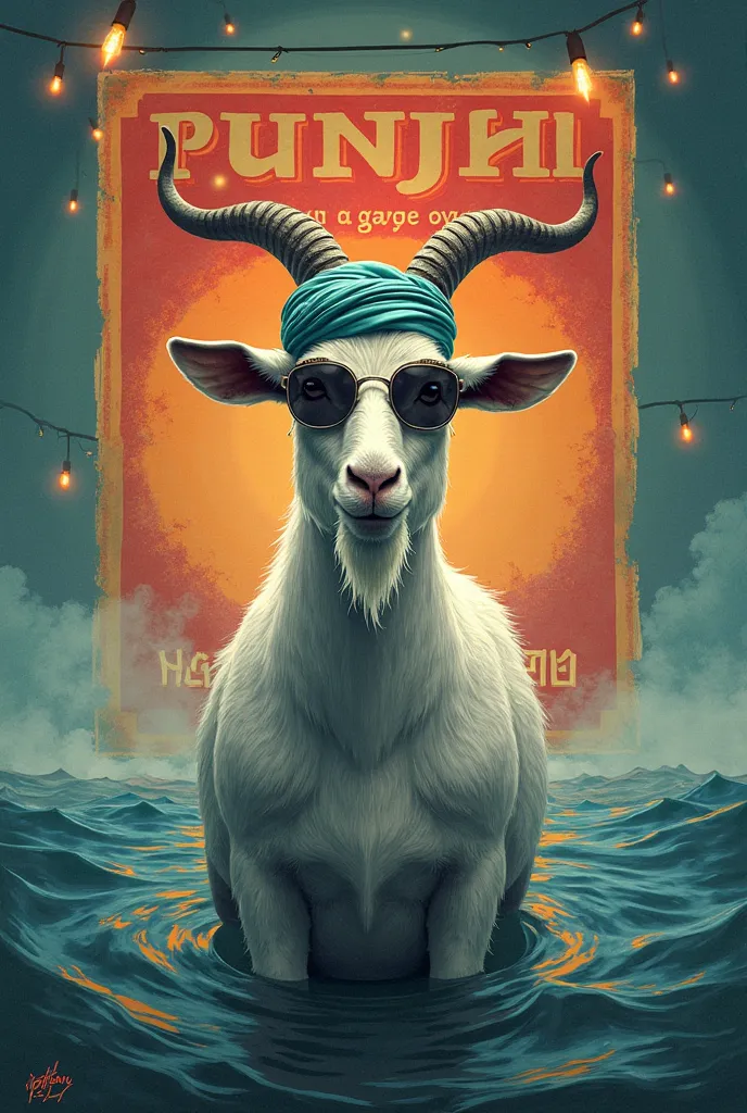 A white, turban wearing goat with sunglasses, standing in the dark sea. A song Poster. A title word "Punjabi Aa Gaye Oye" written on the poster