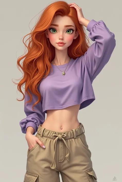 She must be a realistic woman with white skin and green eyes, she must have long wavy dark orange red hair and she must wear a lavender cropped t-shirt with long sleeves and loose beige cargo pants she must have one hand on her head and the other hand rais...