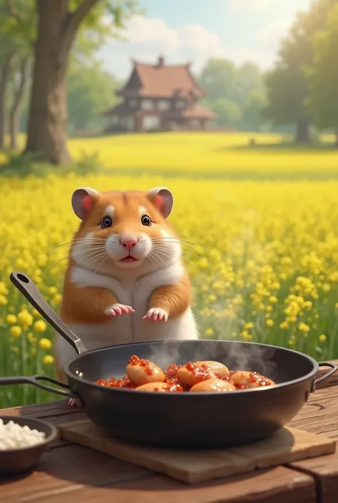 A fluffy Hamster with human-like posture and expressions, cautious expression, gently placing marinated goose pieces into the hot pan, a lush green mustard field stretches under the soft sunlight, a traditional countryside house in the distance, tall trees...