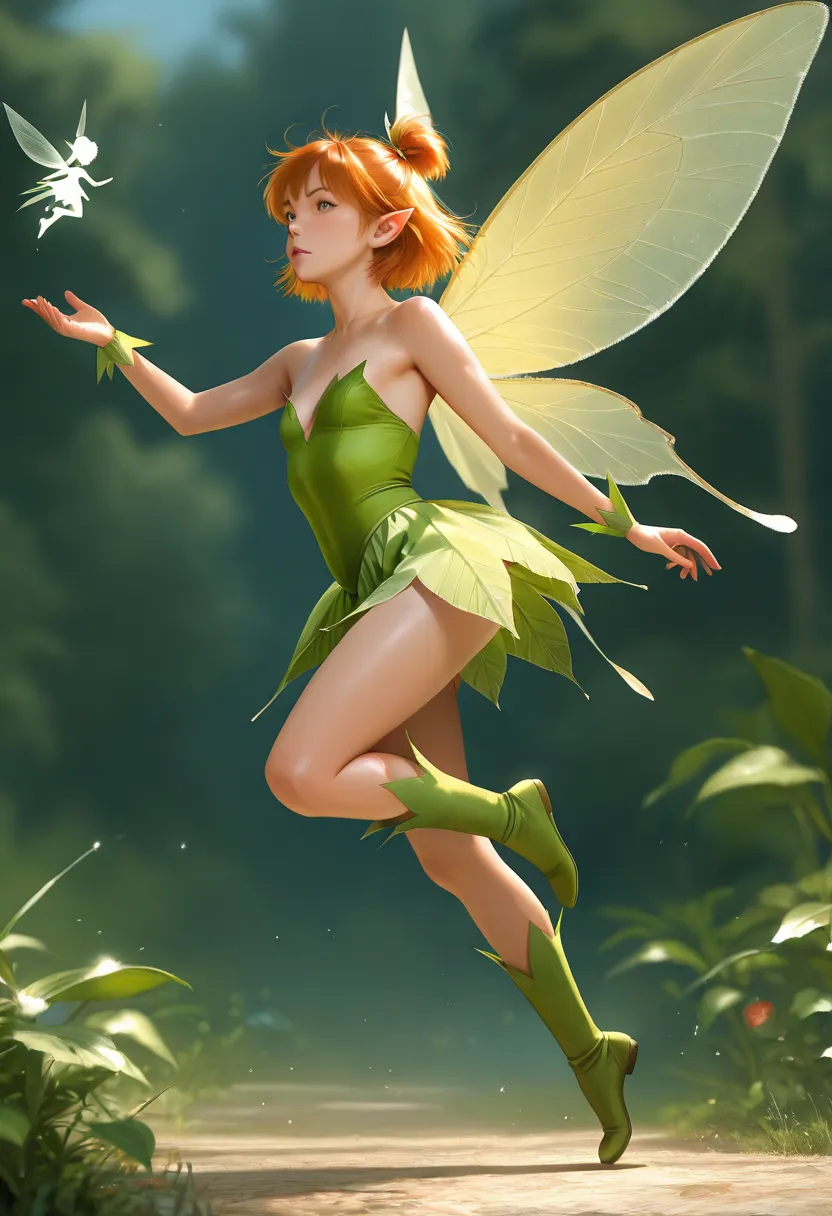  masterpiece,top quality, live action,realistic, realistic illustration ,1 Peter Pan,1 Tinkerbell, Peter Pan grab the waist of a flying Tinker Bell with one hand,Man and fairy,full body