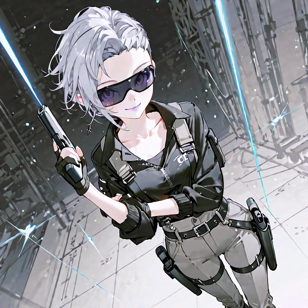 core_9, score_8_up , score_7_up , score_6_up , score_5_up , score_4_up , 4K,8k,1woman,  Silver Hair,shaved sides, Eyes that shine with youthful energy and curiosity,  cyber sunglasses,3/4 sleeve black shirt with open neck,Roll up  sleeves,gray(0.7)Holster ...