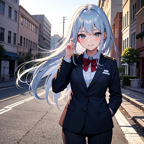 1 young girl, blue and white hair, gentle gaze, smile, blush, uniform with suit, white eyes, school background, standing, masterpiece. 