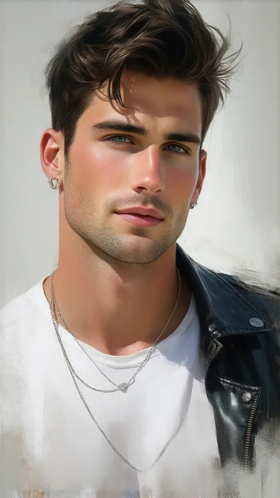 A detailed painting in semi-realism oil painting and digital art style, full-length, vibrant colours, reminiscent of Stanley Artgerm Lau.Semi-realism oil painting and digital art style portrait. Handsome and athletic beautiful white man, white skin, blue e...