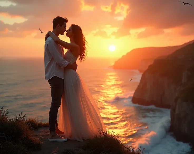 A couple in love, with a sunset on a clif with the ocean in the background