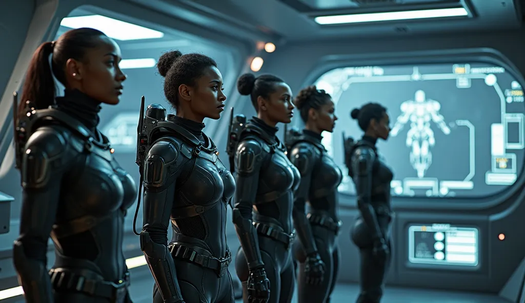 7 or 8 sci-fi male and female soldiers in thin tight body armor standing on a dimly lit LED bridge of a spaceship