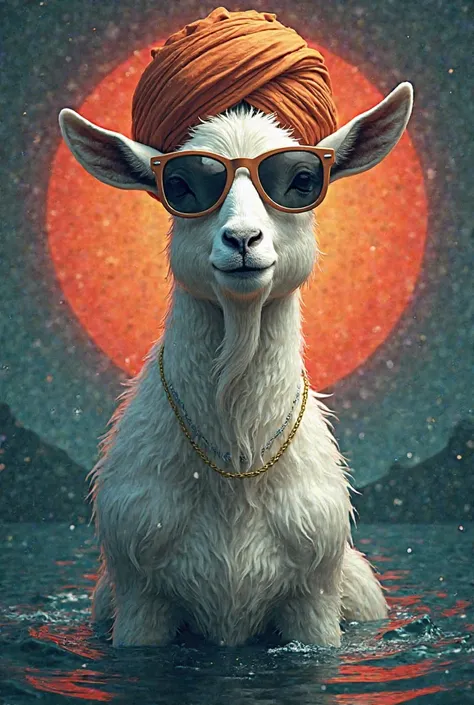 A white, turban wearing goat with sunglasses, standing in the dark sea. A song Poster. A title word "Punjabi Aa Gaye Oye" written on the poster