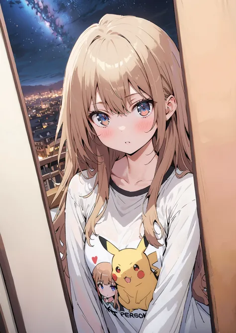 score_9,  score_8_up,  score_7_up,  source_anime,
Taigaisaka, Aisaka Taiga,  long hair, brown hair, brown eyes,blush,is embarrassing,
Pikachu cosplay, pikachu \(pikachu\), character print, Food, Foodie, yellow Foodie, Interior , beautiful night view with ...