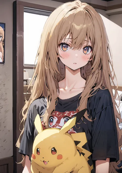  score_9,  score_8_up,  score_7_up,  source_anime,
Taigaisaka, Aisaka Taiga,  long hair, brown hair, brown eyes,blush,is embarrassing,
Pikachu cosplay, pikachu \(pikachu\), character print, Food, Foodie, yellow Foodie, Interior , beautiful night view with ...
