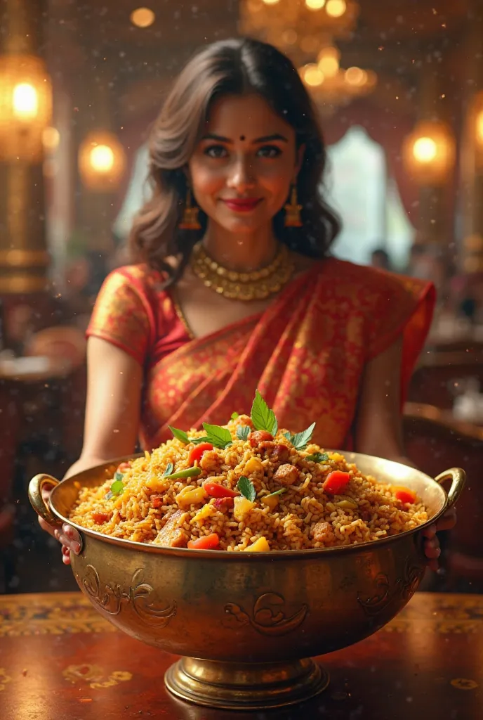 Flux cinematic presentation of " a brass designer bowl full of hyderabadi veg biriani serving by a very beautiful indian wetress in a dynamic restaurant " realistic image