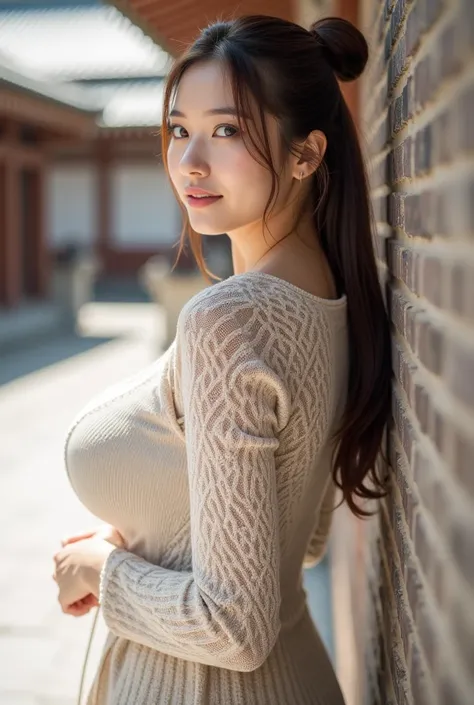 selfie picture, Korean Beauty, This is a full-body image of a woman 。This is a shot from behind 。It's multi-angle 。Age 35,  perfectionな胸, beautiful,  beautiful eyes , As a mature woman ,  Japanese shrines and temples in the background , natural light,  lig...