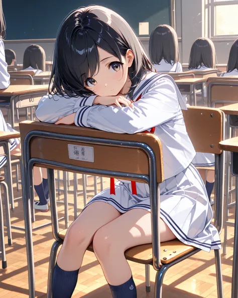 masterpiece, best quality, high quality, highres,

black hair, medium hair, swept bangs, tareme, Round face, cute face,

white sailor uniform, red ribbon, navy blue socks calf socks mid-calf socks, 

classroom, 1girl, sit on a chair,