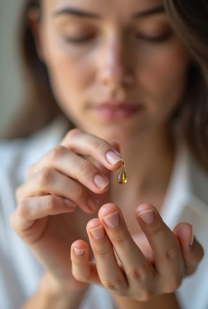 Character testing the smell, close-up of essential oil drops rolling on fingers.