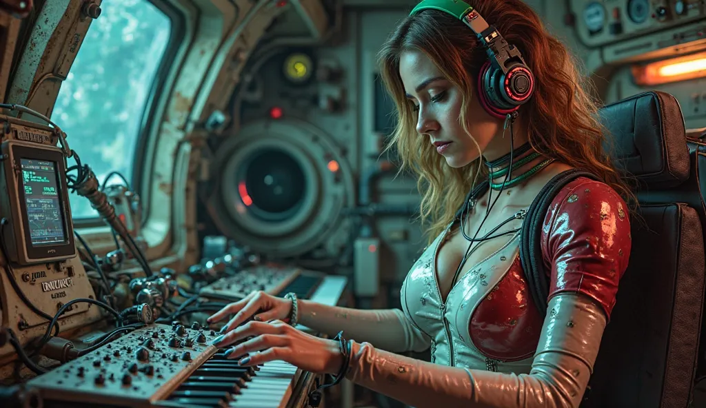 an ultra beautiful European woman . 27 years old playing a Moog Subsequent 25 Analogue Synth, voluptuous body shaped like an hourglass ( randomly colored wavy hair ), Wear a distressed latex space suit in white and dark red, Epic neckline connected to a fu...